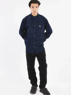 Sale - Corduroy Band Collar Shirt in Dark Navy Button-Ups