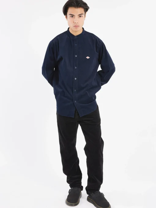 Sale - Corduroy Band Collar Shirt in Dark Navy Button-Ups