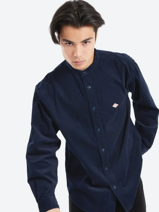 Sale - Corduroy Band Collar Shirt in Dark Navy Button-Ups