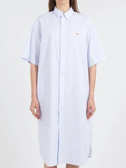 Clearance - Cotton Poplin Short Sleeve Shirt Dress in Blue Stripe Women Dresses