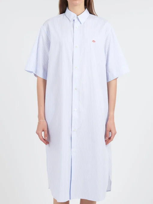 Clearance - Cotton Poplin Short Sleeve Shirt Dress in Blue Stripe Women Dresses