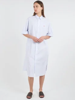 Clearance - Cotton Poplin Short Sleeve Shirt Dress in Blue Stripe Women Dresses