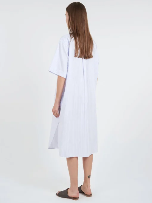 Clearance - Cotton Poplin Short Sleeve Shirt Dress in Blue Stripe Women Dresses