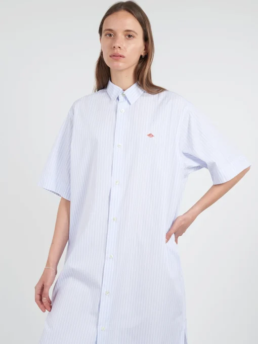 Clearance - Cotton Poplin Short Sleeve Shirt Dress in Blue Stripe Women Dresses