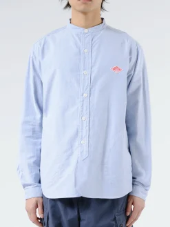 Fashion - Men's Plain Oxford Band Collar L/S Shirt in Button-Ups