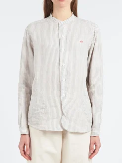 Discount - Women's Band Collar Shirt in Grey and White Women Tops & Blouses | Button-Ups