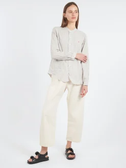 Discount - Women's Band Collar Shirt in Grey and White Women Tops & Blouses | Button-Ups