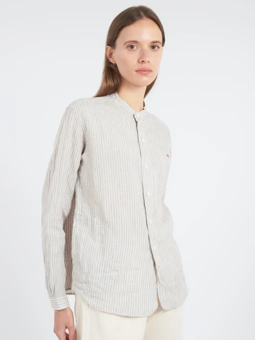 Discount - Women's Band Collar Shirt in Grey and White Women Tops & Blouses | Button-Ups