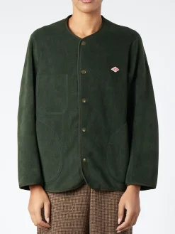 Clearance - Women's Collarless Fleece Jacket in Dark Green Women Overalls & Jumpsuits | Outerwear