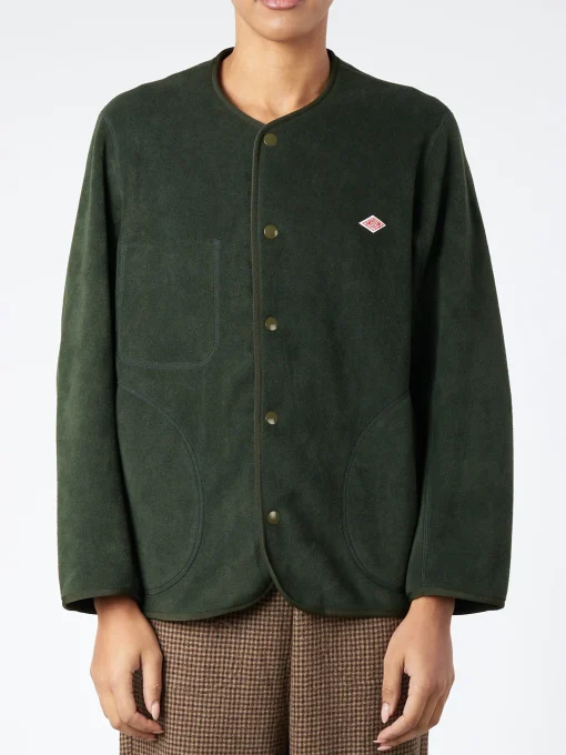 Clearance - Women's Collarless Fleece Jacket in Dark Green Women Overalls & Jumpsuits | Outerwear