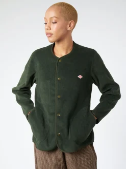 Clearance - Women's Collarless Fleece Jacket in Dark Green Women Overalls & Jumpsuits | Outerwear