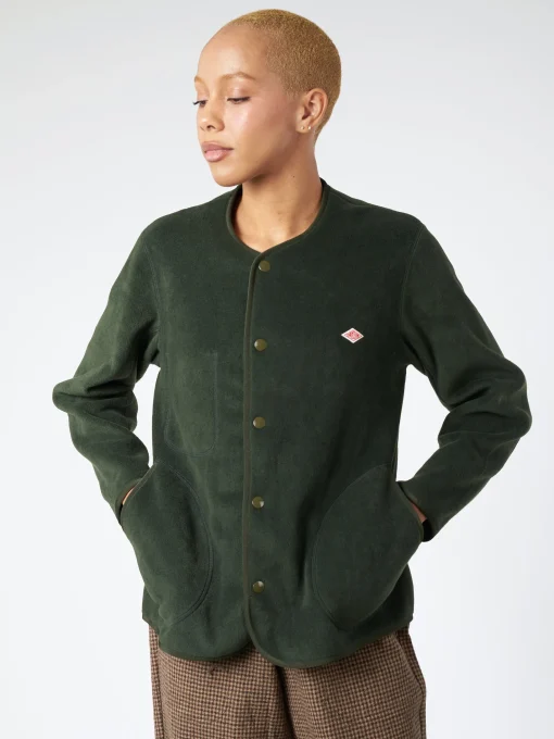 Clearance - Women's Collarless Fleece Jacket in Dark Green Women Overalls & Jumpsuits | Outerwear