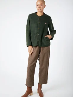 Clearance - Women's Collarless Fleece Jacket in Dark Green Women Overalls & Jumpsuits | Outerwear