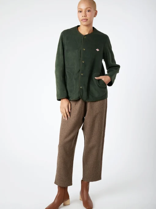 Clearance - Women's Collarless Fleece Jacket in Dark Green Women Overalls & Jumpsuits | Outerwear