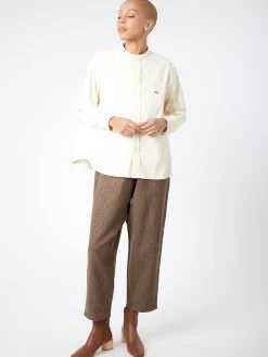 Hot - Women's Corduroy Band Collar Shirt in Off White Women Tops & Blouses | Button-Ups
