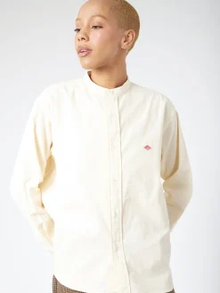 Hot - Women's Corduroy Band Collar Shirt in Off White Women Tops & Blouses | Button-Ups