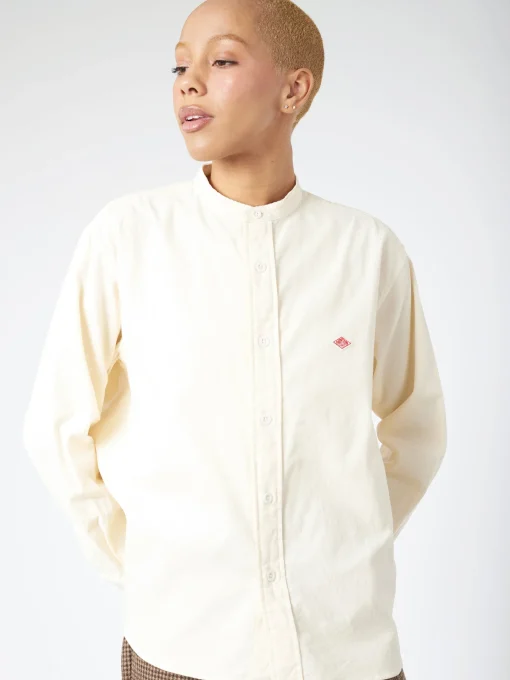 Hot - Women's Corduroy Band Collar Shirt in Off White Women Tops & Blouses | Button-Ups