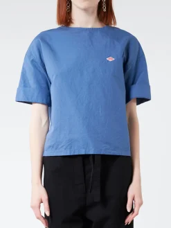 New - Women's Cotton Linen Collarless Pullover Shirt in Blue Women Tops & Blouses