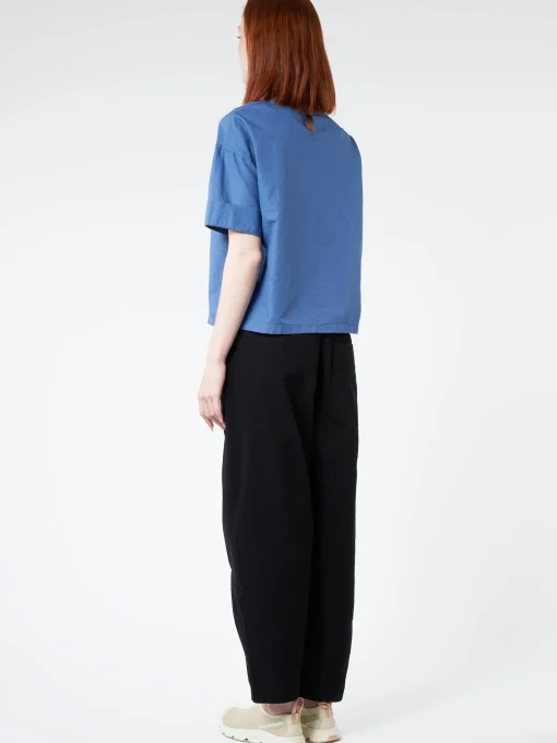 New - Women's Cotton Linen Collarless Pullover Shirt in Blue Women Tops & Blouses