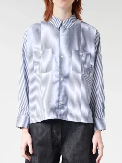 Clearance - Women's L/S Work Shirt in White/Navy Stripe Women Tops & Blouses | Overalls & Jumpsuits