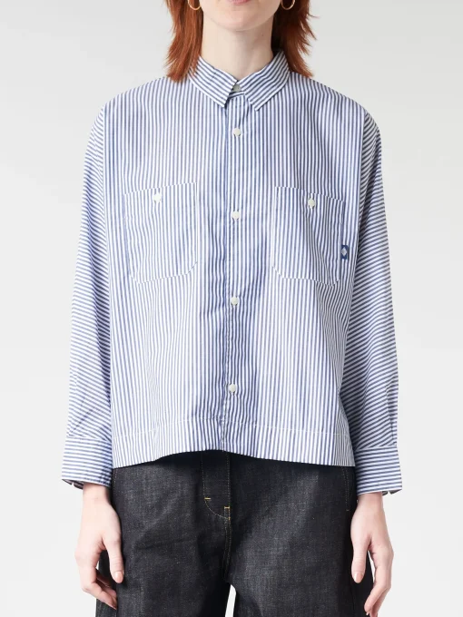 Clearance - Women's L/S Work Shirt in White/Navy Stripe Women Tops & Blouses | Overalls & Jumpsuits