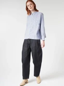 Clearance - Women's L/S Work Shirt in White/Navy Stripe Women Tops & Blouses | Overalls & Jumpsuits