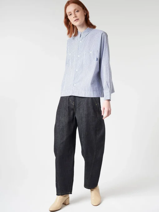 Clearance - Women's L/S Work Shirt in White/Navy Stripe Women Tops & Blouses | Overalls & Jumpsuits