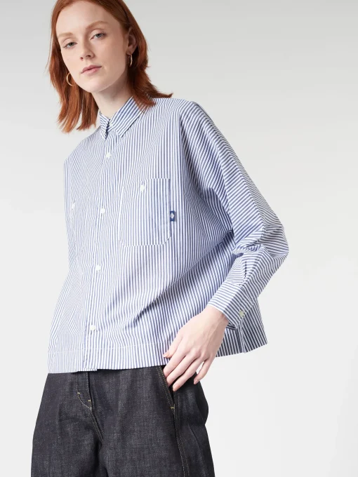 Clearance - Women's L/S Work Shirt in White/Navy Stripe Women Tops & Blouses | Overalls & Jumpsuits
