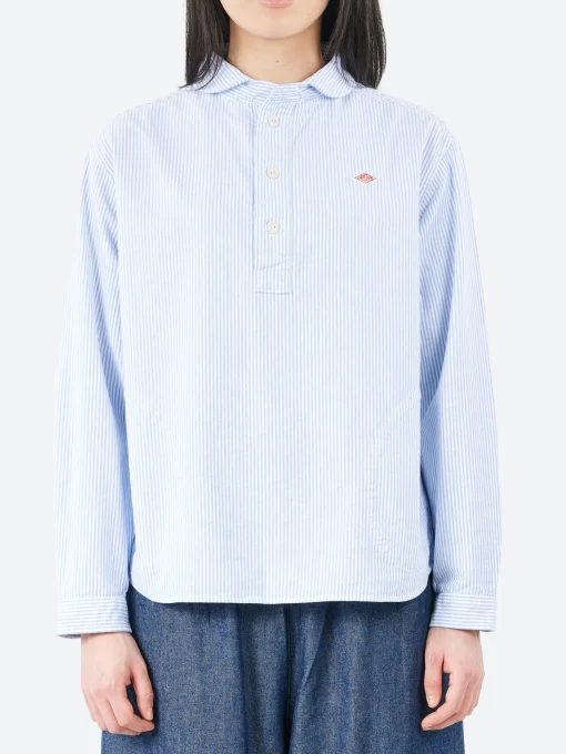Online - Women's Round Collar Pullover L/S Shirt in Sax White Stripe Women Tops & Blouses | Button-Ups