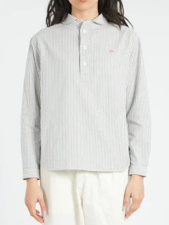 Online - Women's Round Collar Pullover L/S Shirt in Navy and Ecru Stripe Women Tops & Blouses | Overalls & Jumpsuits