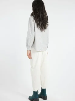 Online - Women's Round Collar Pullover L/S Shirt in Navy and Ecru Stripe Women Tops & Blouses | Overalls & Jumpsuits
