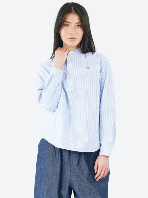 Online - Women's Round Collar Pullover L/S Shirt in Sax White Stripe Women Tops & Blouses | Button-Ups
