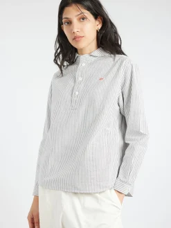 Online - Women's Round Collar Pullover L/S Shirt in Navy and Ecru Stripe Women Tops & Blouses | Overalls & Jumpsuits