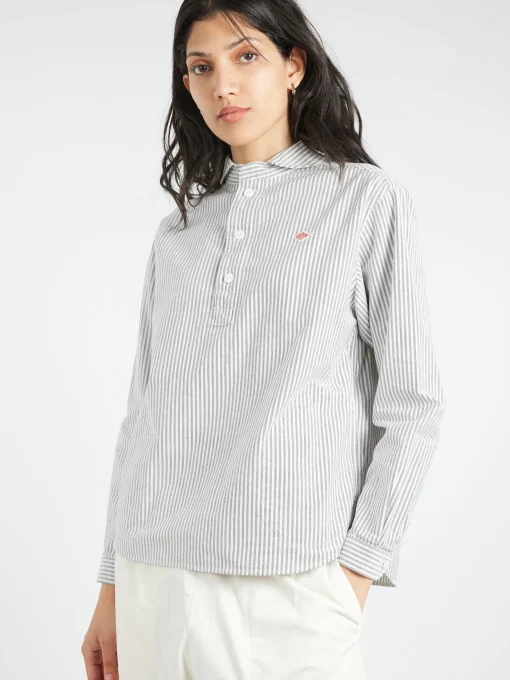 Online - Women's Round Collar Pullover L/S Shirt in Navy and Ecru Stripe Women Tops & Blouses | Overalls & Jumpsuits