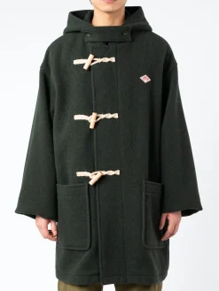 Outlet - Wool Light Pile Duffle Coat in Moss Green Outerwear