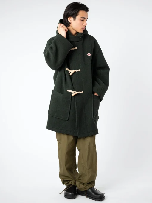 Outlet - Wool Light Pile Duffle Coat in Moss Green Outerwear
