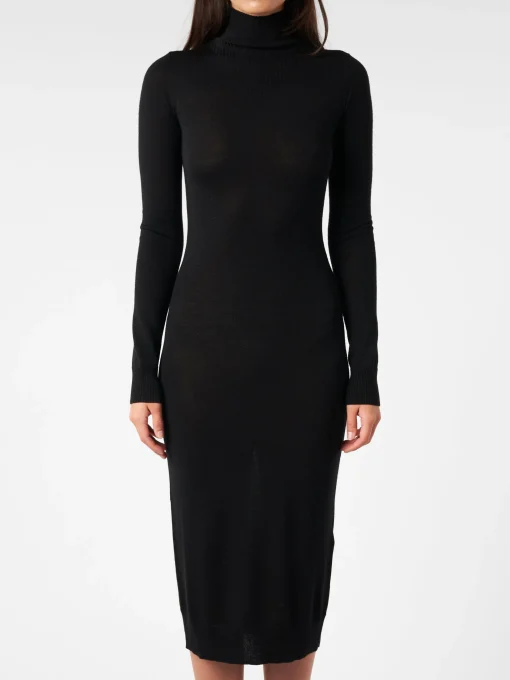 Fashion - Knit Turtleneck Dress in Black Women Dresses