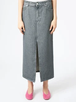 Sale - Long Slit Denim Skirt in Mid Grey Wash Women Skirts | Overalls & Jumpsuits