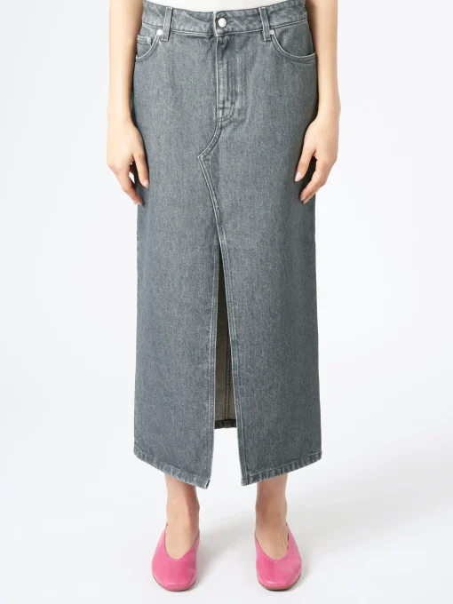 Sale - Long Slit Denim Skirt in Mid Grey Wash Women Skirts | Overalls & Jumpsuits