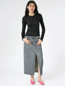 Sale - Long Slit Denim Skirt in Mid Grey Wash Women Skirts | Overalls & Jumpsuits