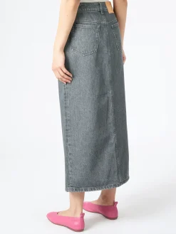 Sale - Long Slit Denim Skirt in Mid Grey Wash Women Skirts | Overalls & Jumpsuits