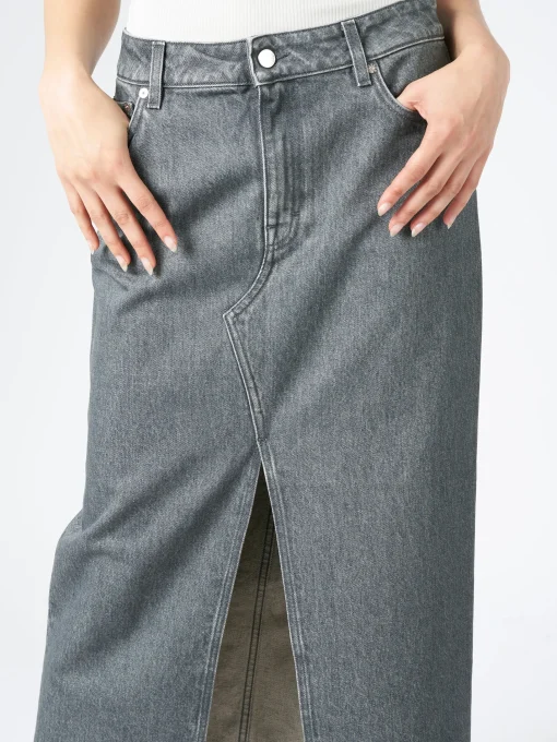 Sale - Long Slit Denim Skirt in Mid Grey Wash Women Skirts | Overalls & Jumpsuits
