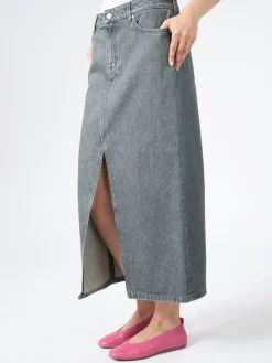 Sale - Long Slit Denim Skirt in Mid Grey Wash Women Skirts | Overalls & Jumpsuits