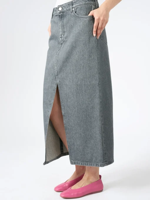 Sale - Long Slit Denim Skirt in Mid Grey Wash Women Skirts | Overalls & Jumpsuits