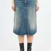 Outlet - Heavy Washed Denim Midi Skirt in Mid Blue Vintage Women Skirts | Overalls & Jumpsuits