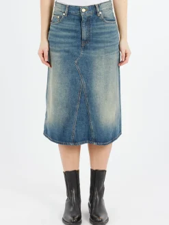 Outlet - Heavy Washed Denim Midi Skirt in Mid Blue Vintage Women Skirts | Overalls & Jumpsuits