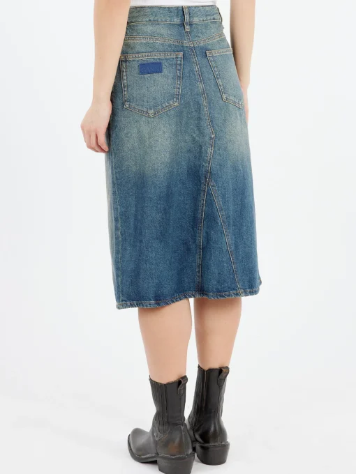 Outlet - Heavy Washed Denim Midi Skirt in Mid Blue Vintage Women Skirts | Overalls & Jumpsuits