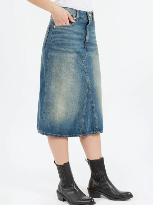 Outlet - Heavy Washed Denim Midi Skirt in Mid Blue Vintage Women Skirts | Overalls & Jumpsuits
