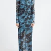 New - Printed Mesh Dress in Blue Shadow Women Dresses