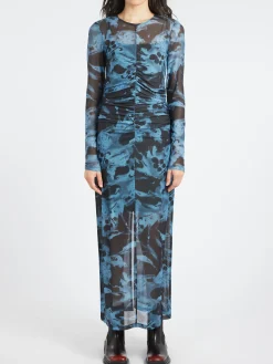New - Printed Mesh Dress in Blue Shadow Women Dresses